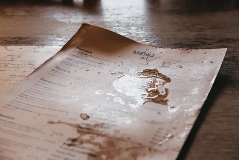 Een papieren menukaart vol wijn- en biervlekken op een houten cafetafel